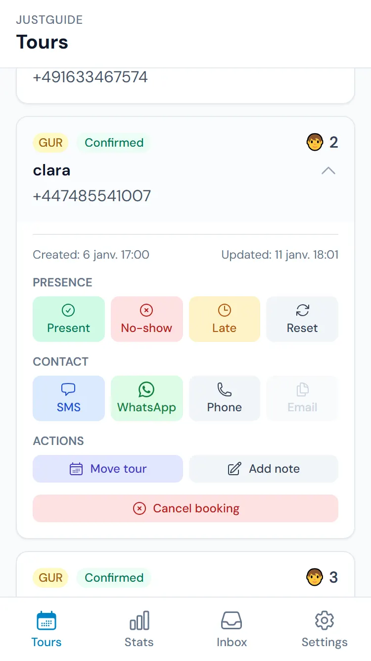 JustGuide automatic messaging feature for WhatsApp and SMS