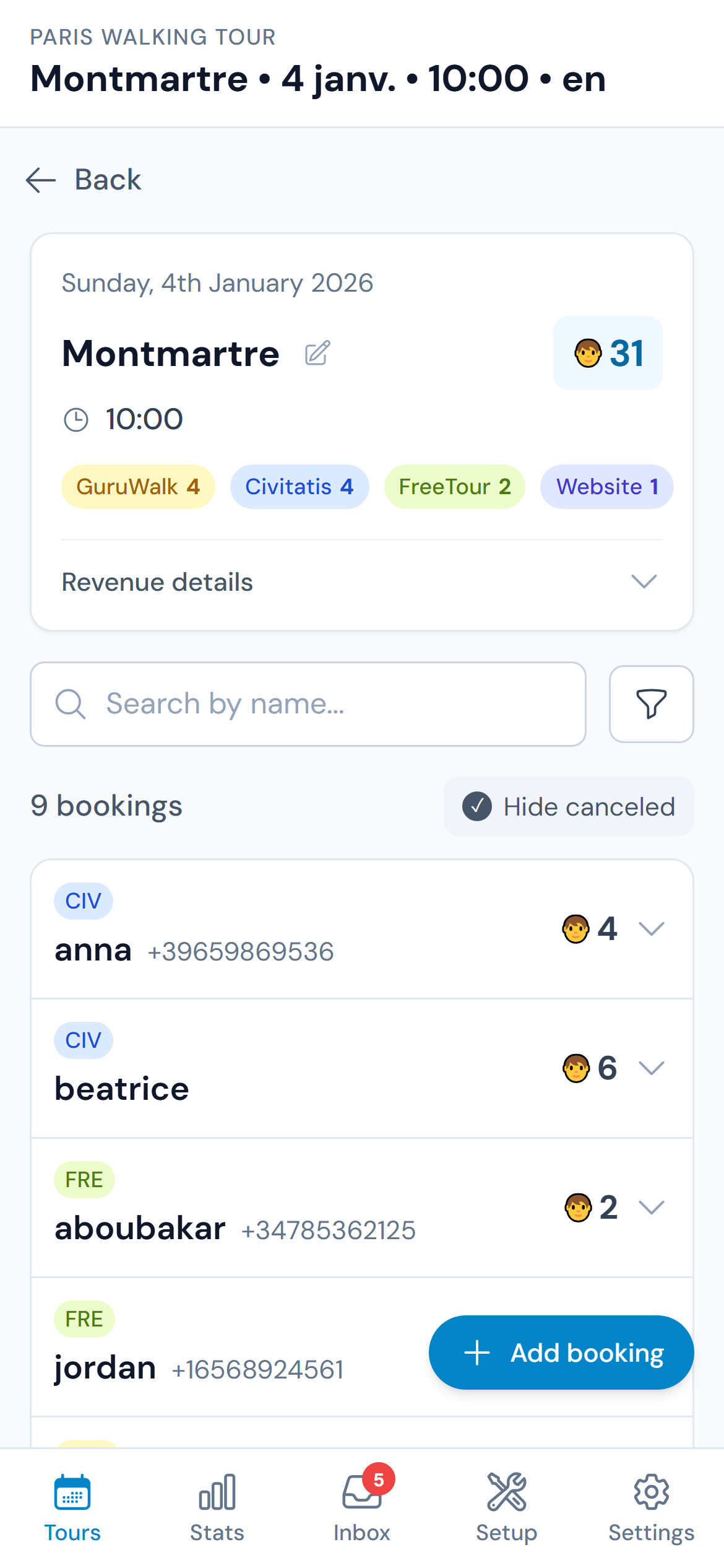 JustGuide booking list showing all tours in one place