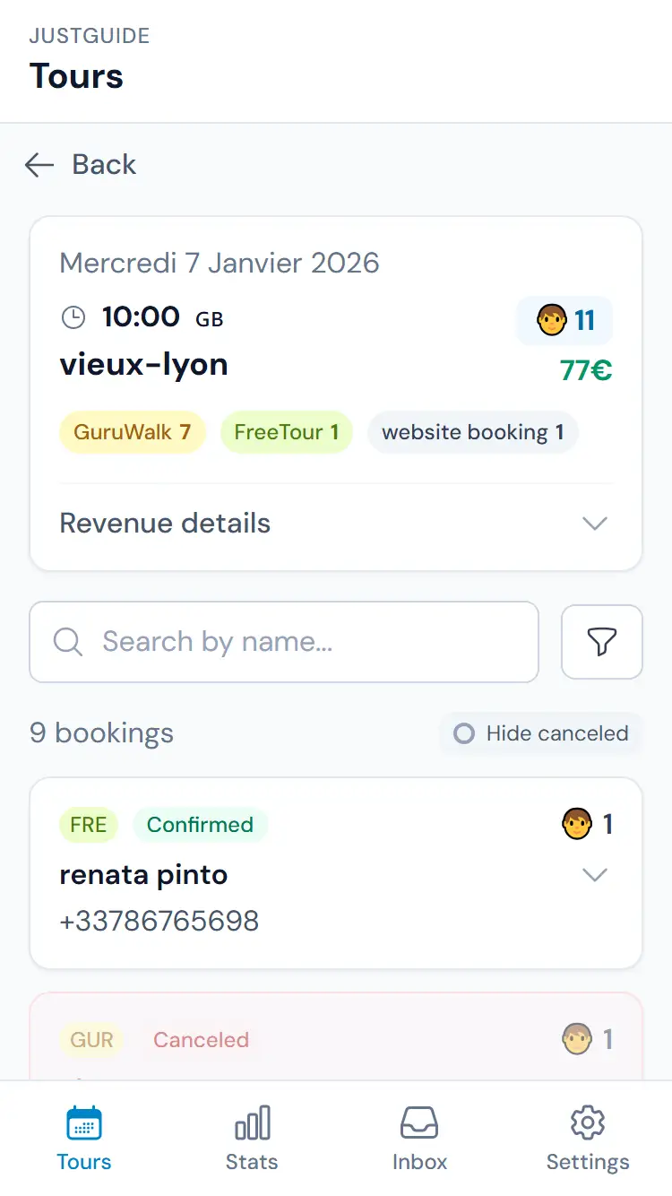 JustGuide booking list view showing all your tours in one place
